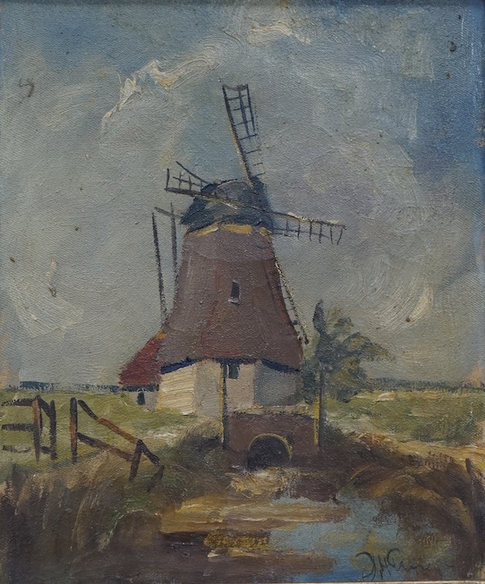 German School, oil on canvas, Study of a windmill, indistinctly signed lower right, 28 x 23cm, ornate gilt frame. Condition - fair, would benefit from a clean